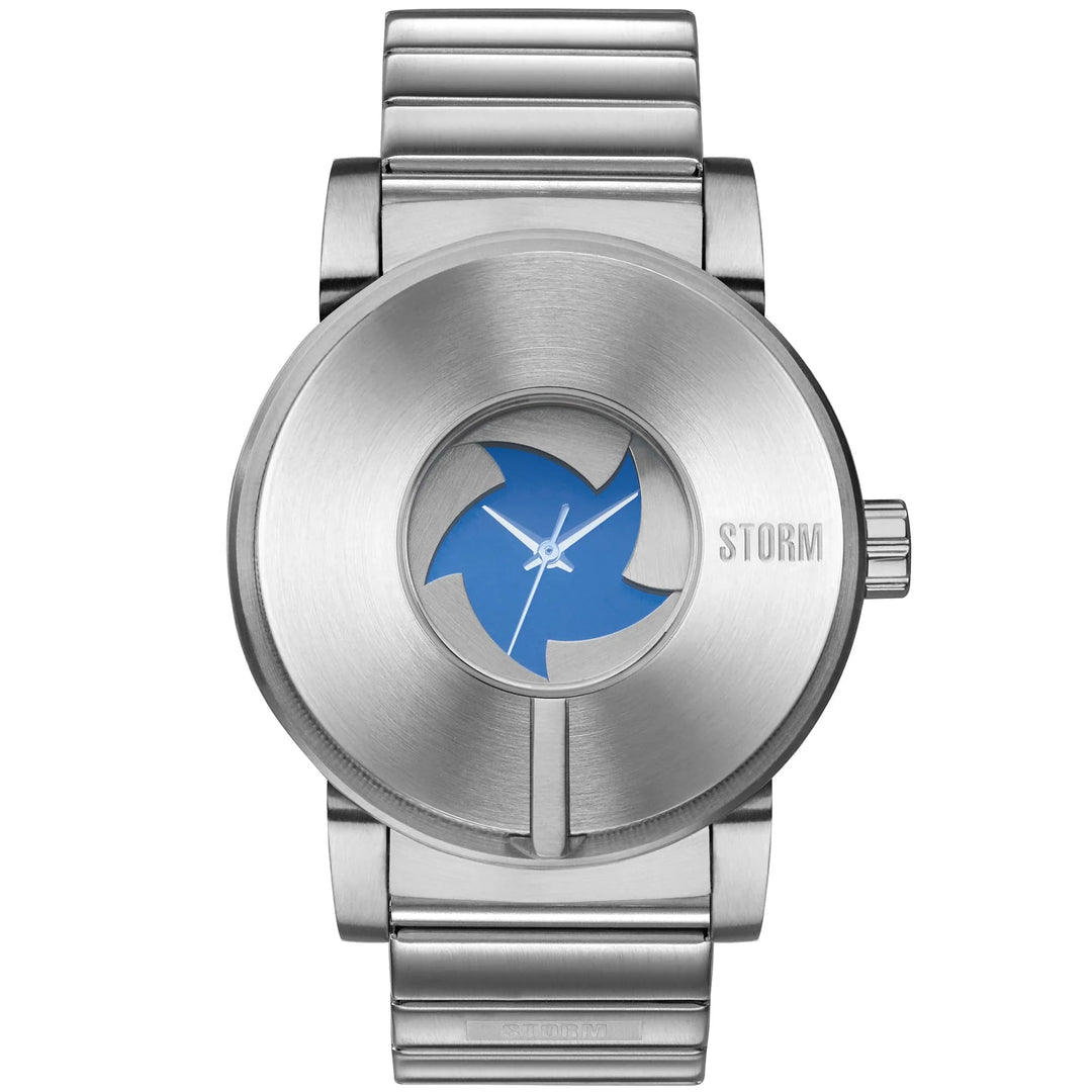 Lazer Blue Camera V7 watch with rotating shutter revealing a blue dial.