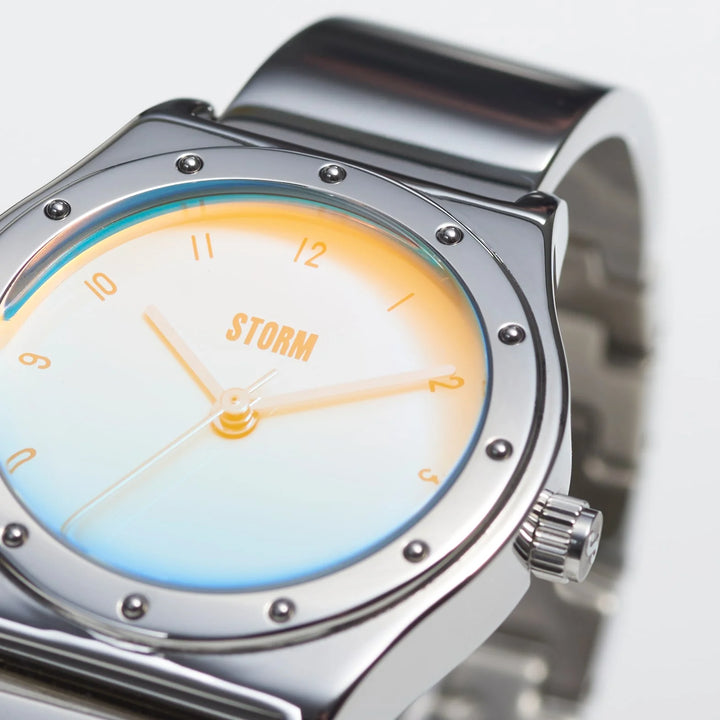 Aqua Marlena watch with a stainless steel case and aqua glass face.