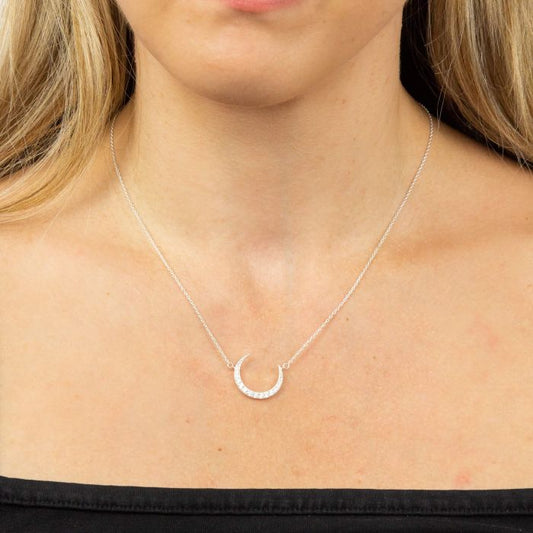 Silver crescent moon necklace with CZ - Carathea