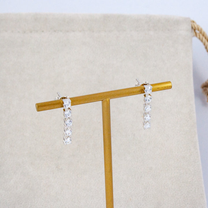 Silver Stick Earrings with Five CZ's