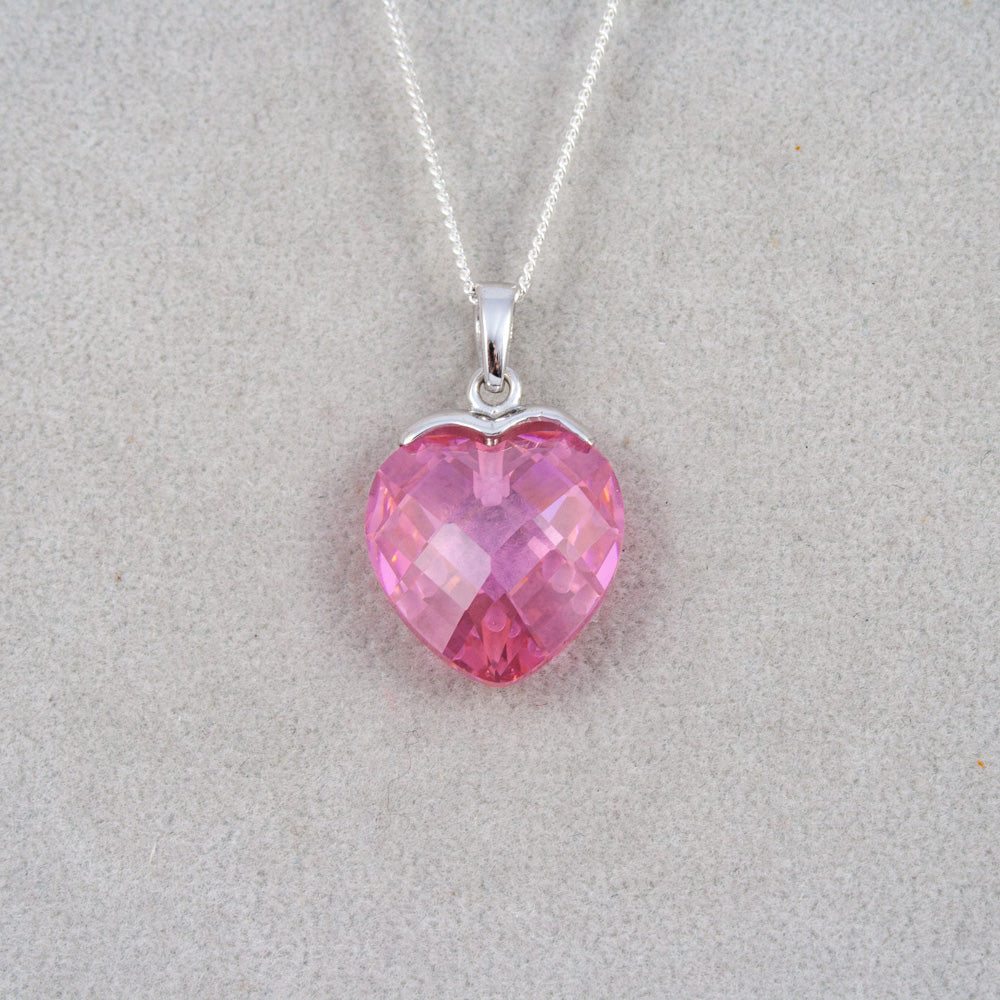 Pink CZ Heart Pendant on Silver with Chain