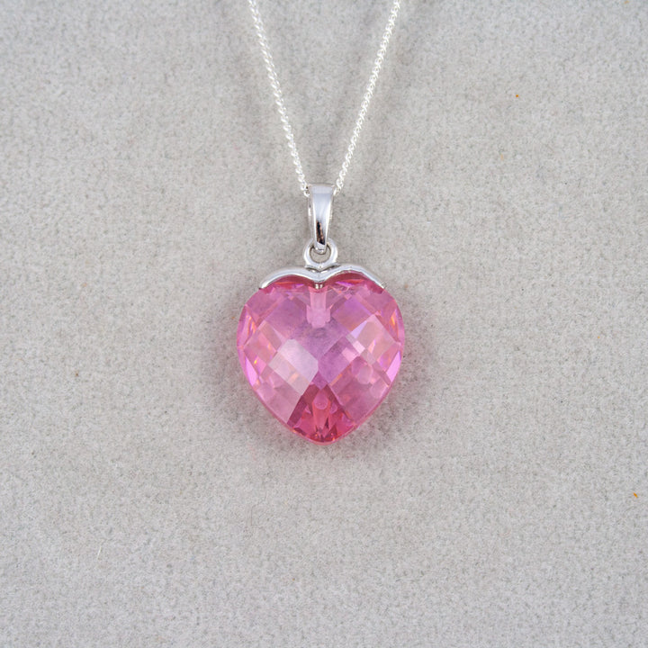 Pink CZ Heart Pendant on Silver with Chain