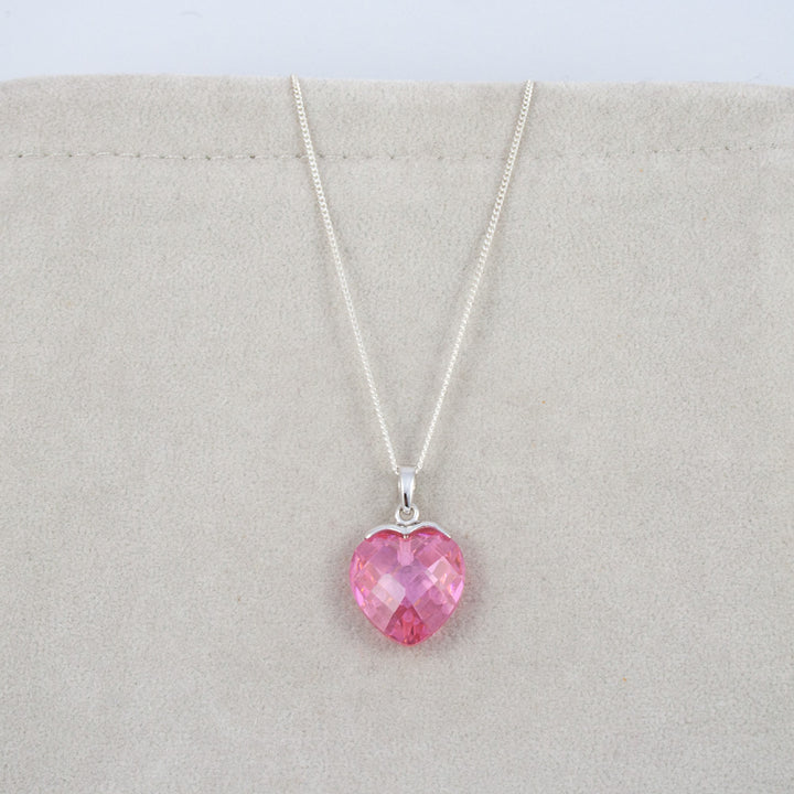 Pink CZ Heart Pendant on Silver with Chain