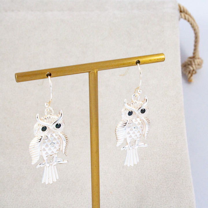 Silver Owl Drop Earrings with CZ's