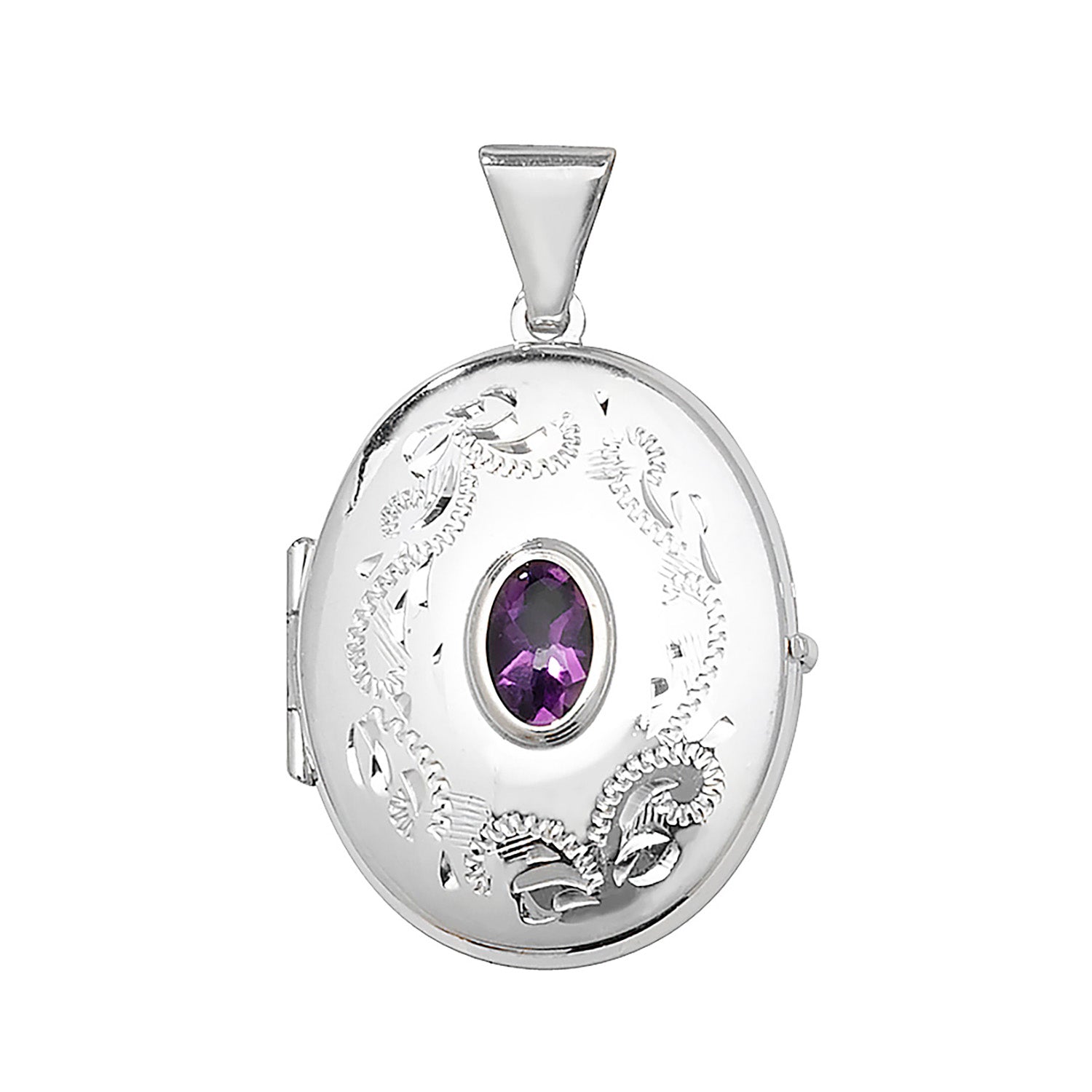 Silver Oval Locket Pendant with Amethyst