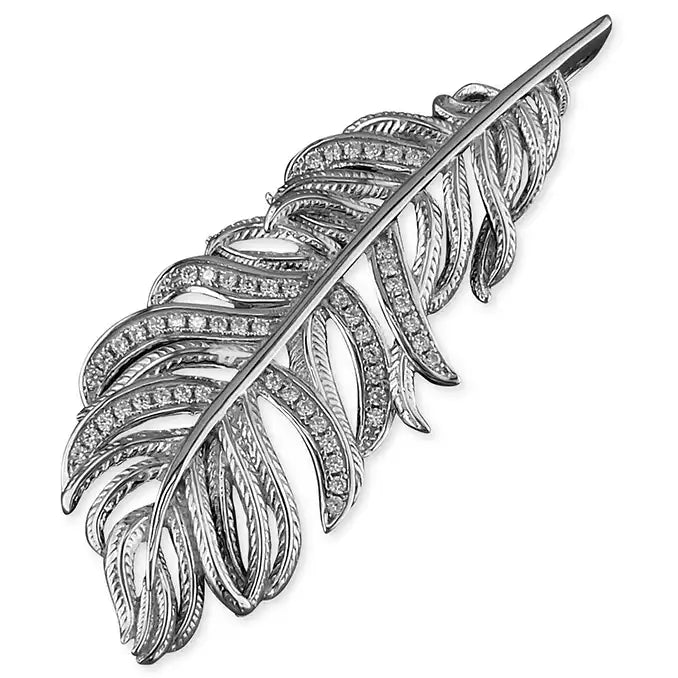 Silver Textured Feather Pendant with CZ