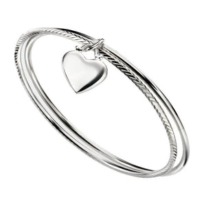 Silver Double Diamond Cut Bangle Heart Charm - Secret Sale