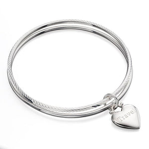 Silver Double Diamond Cut Bangle with Heart Charm