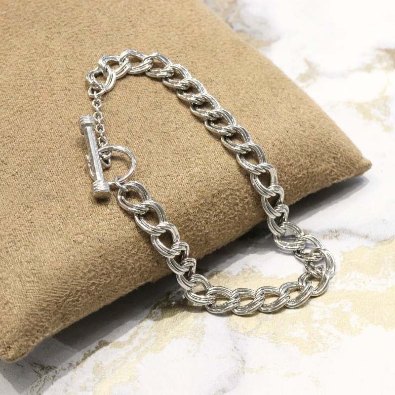 Silver Double Curb Link Bracelet with T-Bar