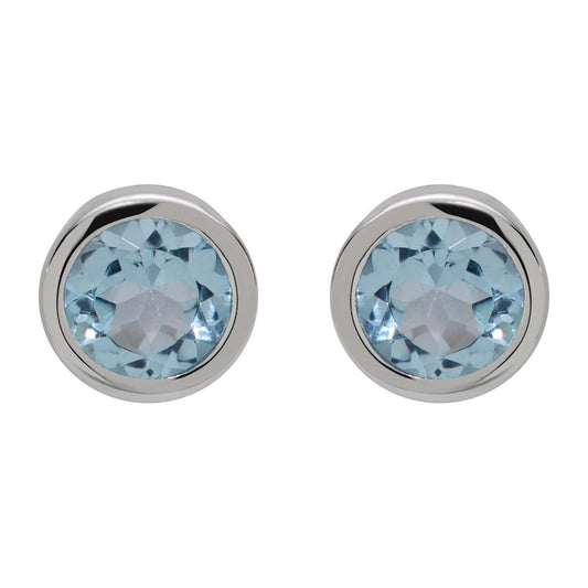 Silver Stud Blue Topaz Earrings Bezel Set