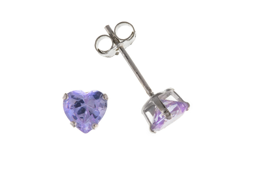silver stud earrings with lavender coloured heart cubic zirconia's - Carathea & Jools