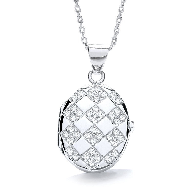 silver oval locket with cz harlequin design - Carathea jewellers