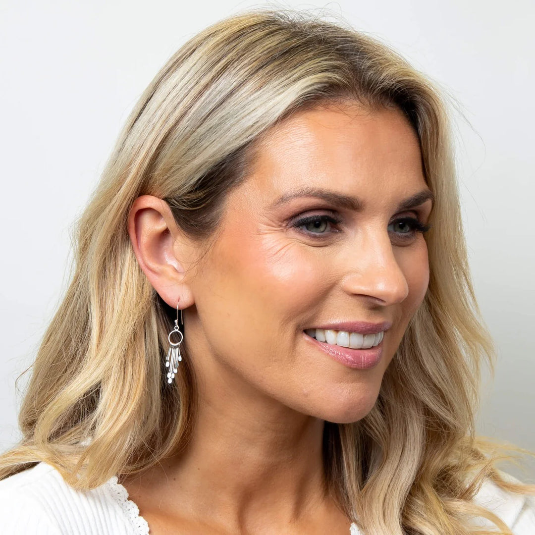 silver drop earrings with multi-drop silver on model - Carathea jewellers