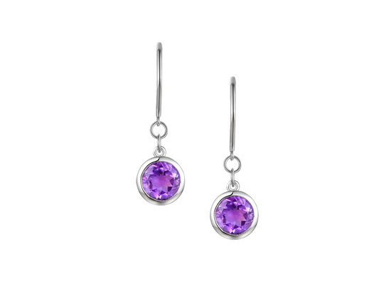 Silver Drop Earrings with Round Amethyst