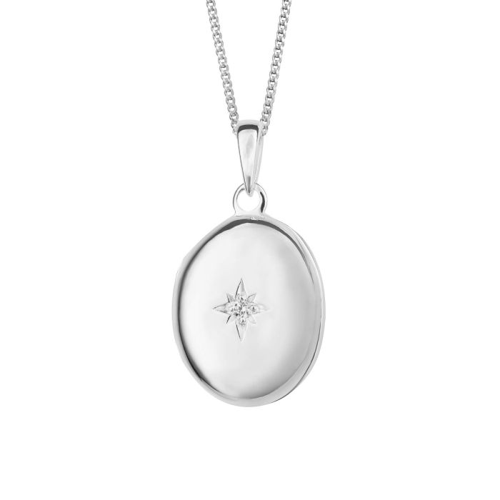 Silver Starburst Oval Locket with Cubic Zirconia