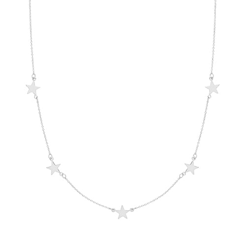 A sterling silver necklace with five polished stars, adjustable from 16 to 18 inches.