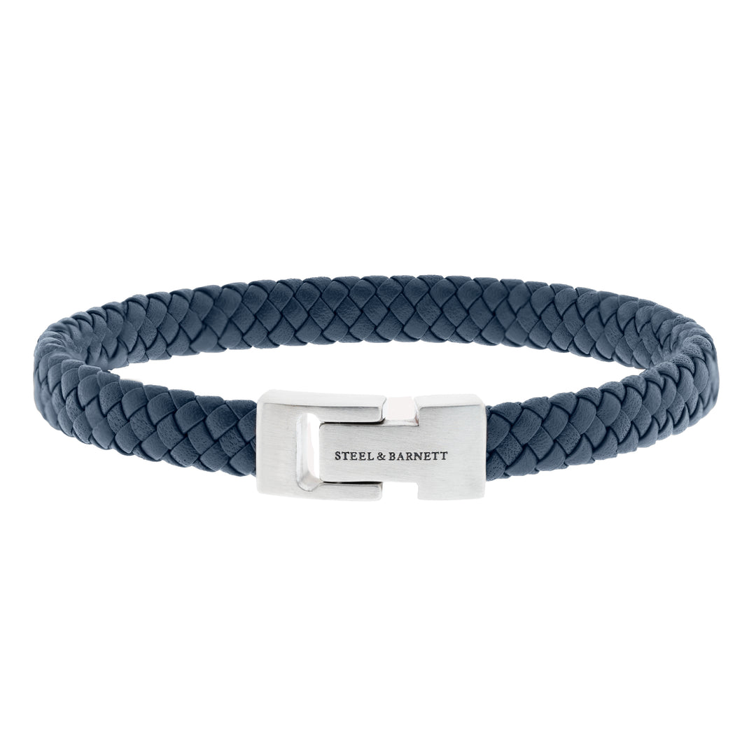 Blue leather bracelet with a stainless steel magnetic clasp.