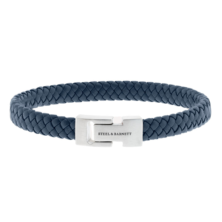 Blue leather bracelet with a stainless steel magnetic clasp.