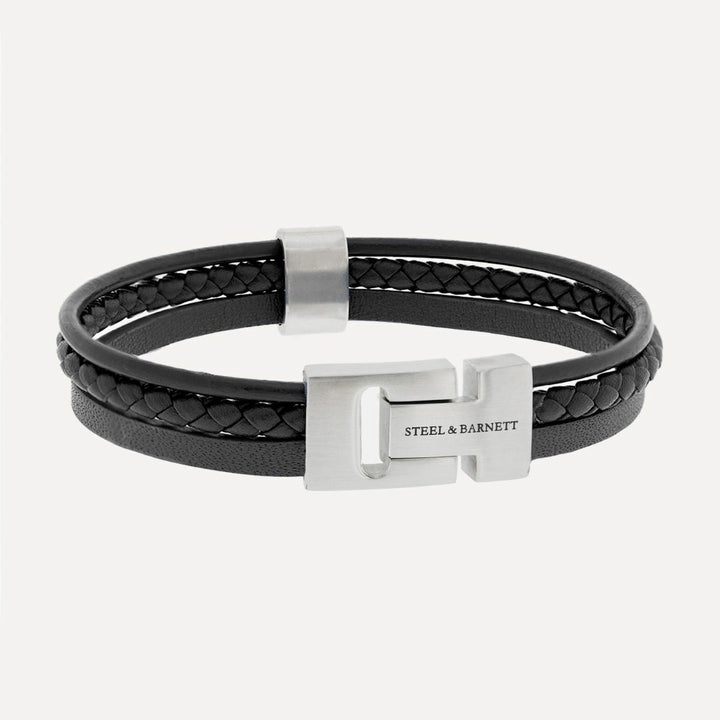 Black leather bracelet with a brushed silver magnetic clasp.