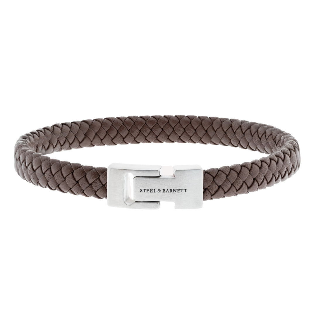 Brown leather bracelet with a magnetic stainless steel clasp.