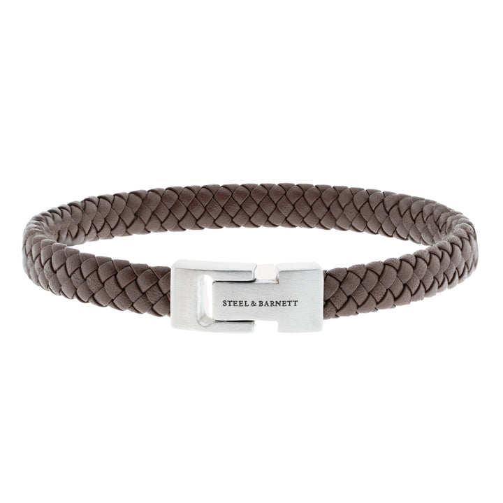 Brown leather bracelet with a magnetic stainless steel clasp.