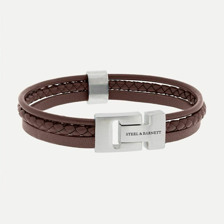 Brown leather bracelet with a magnetic stainless steel clasp.