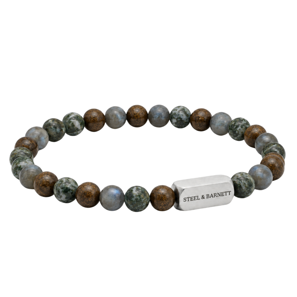 A beaded stretch bracelet featuring a mix of polished brown, green, and gray marbled beads, with a silver rectangular metal clasp engraved with the brand name 'STEEL & BARNETT'.