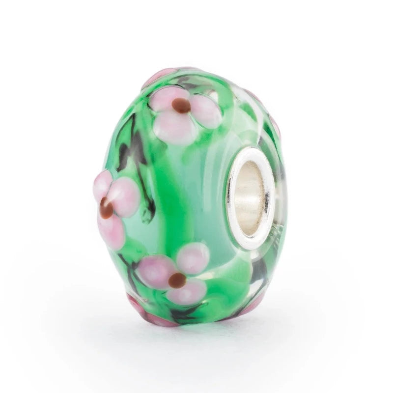 Trollbeads green glass bead with pink flowers | Carathea