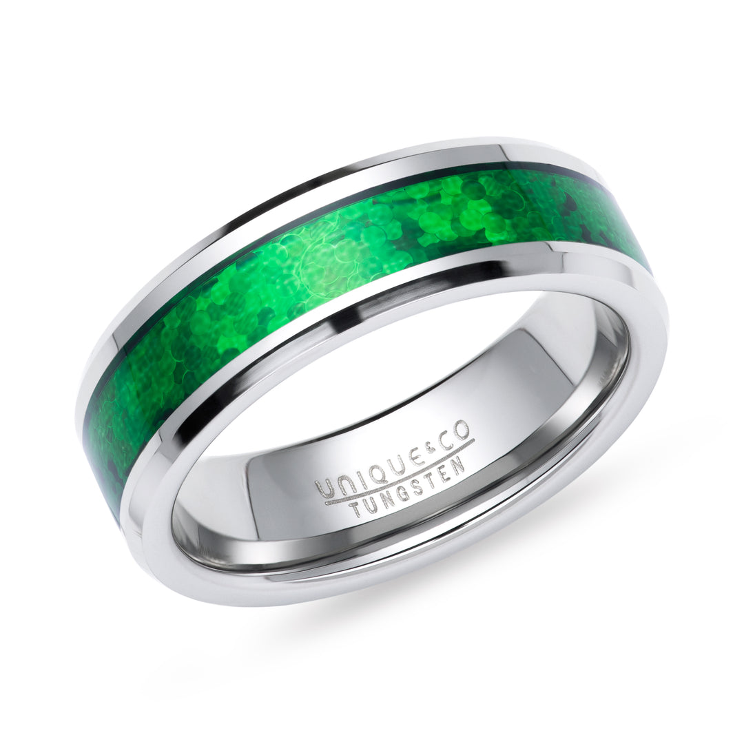 Men's tungsten carbide ring with green carbon fibre inner channel - Carathea jewellers