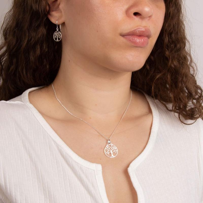 silver openwork tree of life design pendant and chain with earrings - Carathea jewellers