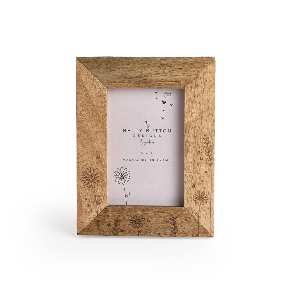 Belly Button Wildflowers mango wood photo frame with wildflowers along its lower edge, shown from the front.
