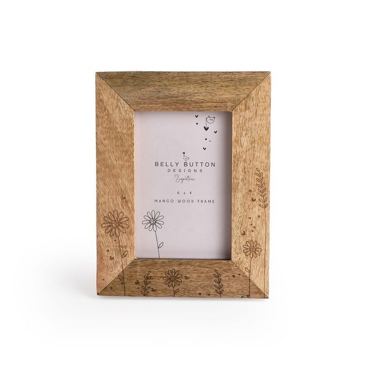 Belly Button Wildflowers mango wood photo frame with wildflowers along its lower edge, shown from the front.