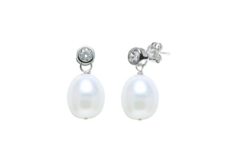 silver white teardrop pearl drop earrings with cz - Carathea