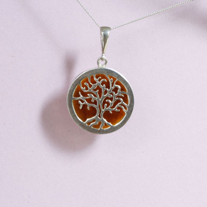 Silver Cognac Amber Tree of Life Pendant