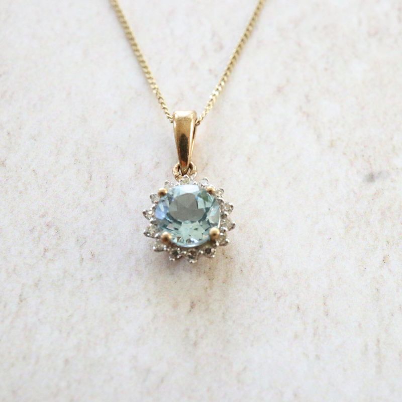 9ct Gold Aqua and Diamond Cluster Pendant