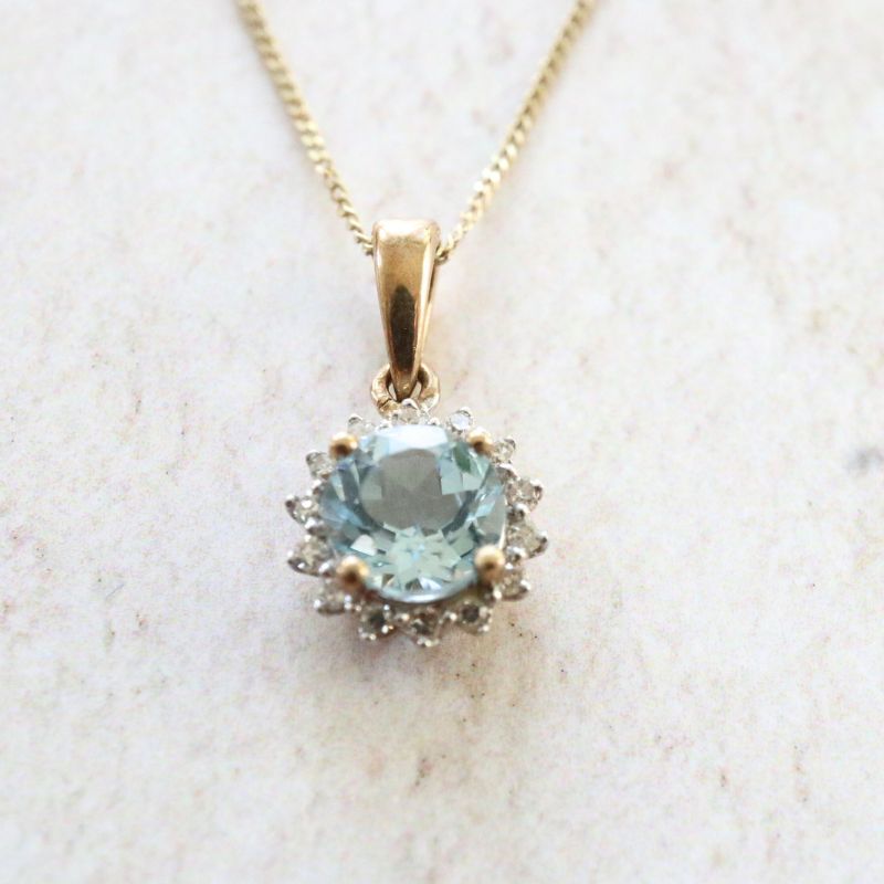 9ct Gold Aqua and Diamond Cluster Pendant