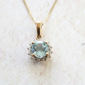 9ct Gold Aqua and Diamond Cluster Pendant