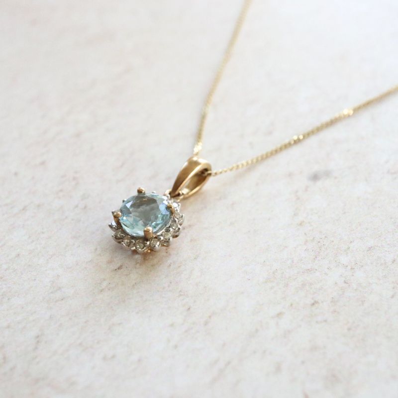 9ct Gold Aqua and Diamond Cluster Pendant