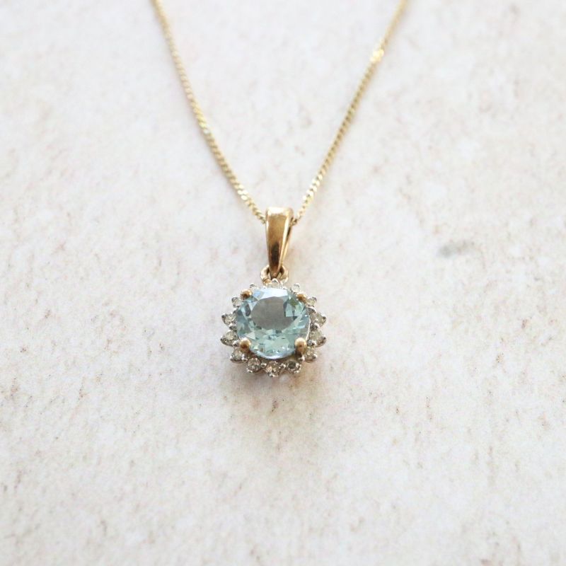 9ct Gold Aqua and Diamond Cluster Pendant