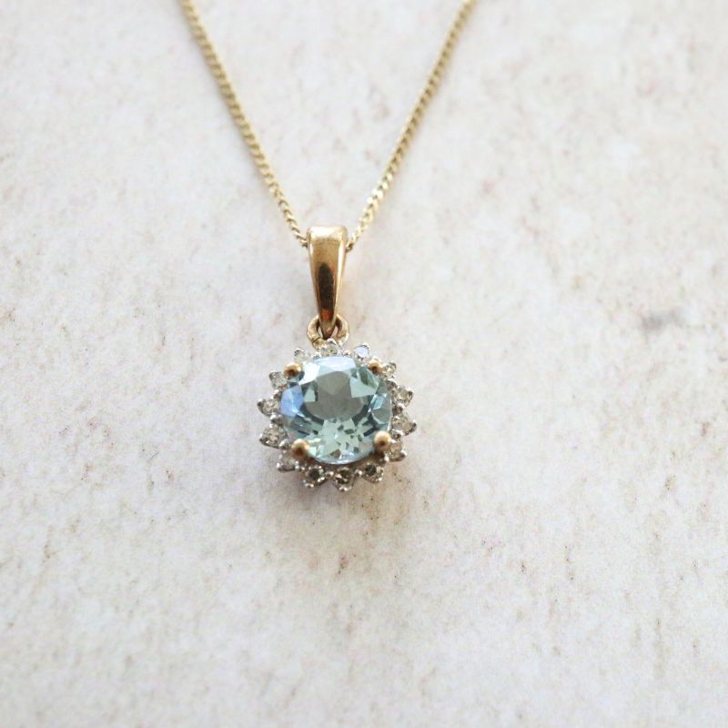 9ct Gold Aqua and Diamond Cluster Pendant