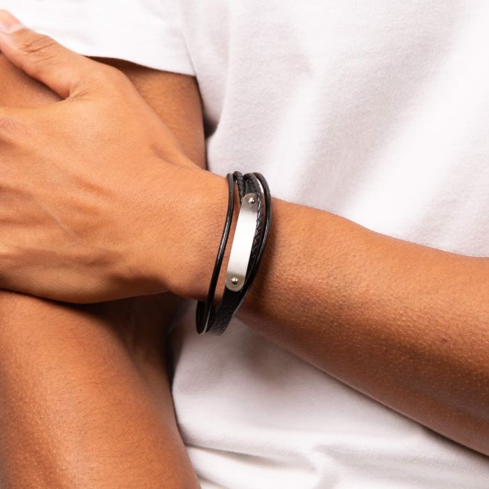 Fred Bennett Black Leather Multi-Strand Bracelet with ID Plate Men's Bracelets - Carathea & Jools