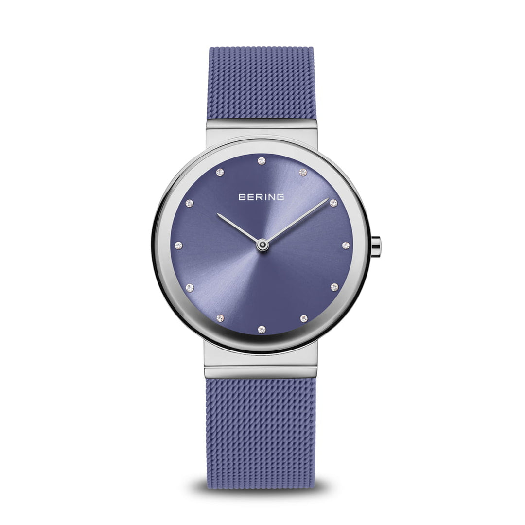 Lavender blue ladies watch with Swarovski crystal hour markers.