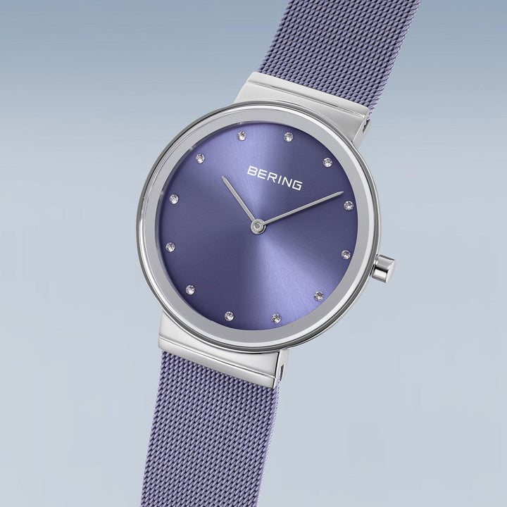 Lavender blue ladies watch with Swarovski crystal hour markers.