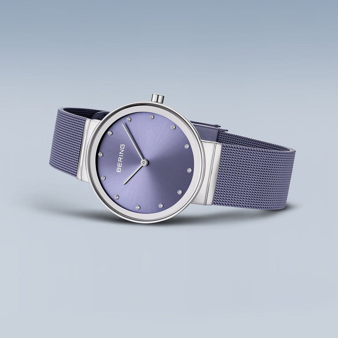 Lavender blue ladies watch with Swarovski crystal hour markers.