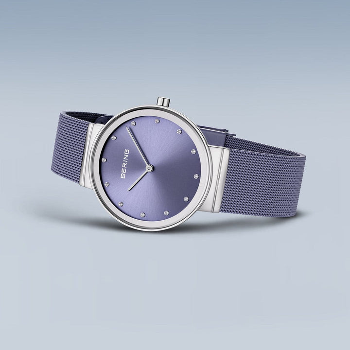Lavender blue ladies watch with Swarovski crystal hour markers.