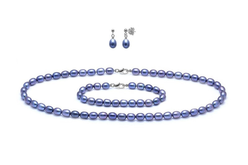set of bracelet, earrings and necklace in black barrel shaped pearls - Carathea