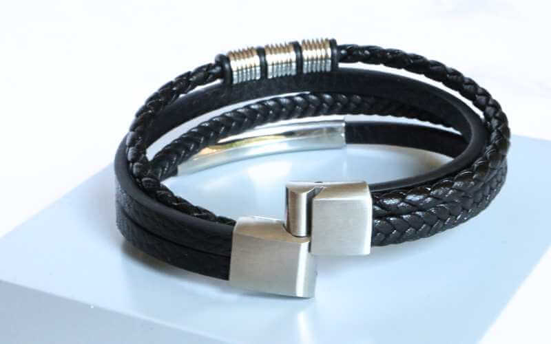 steel and leather multi-strand bracelet for men - Carathea jewellers