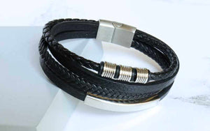 steel and leather multi-strand bracelet for men - Carathea jewellers