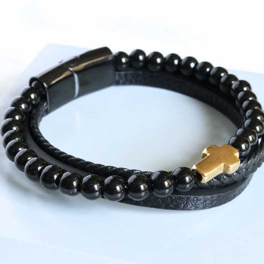 Men's Leather and Bead Bracelet with Gold Cross