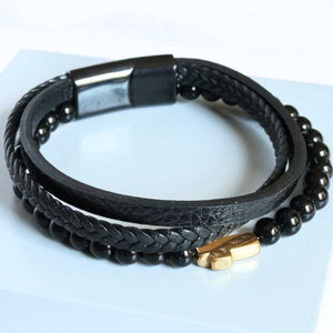 Men's Leather and Bead Bracelet with Gold Cross